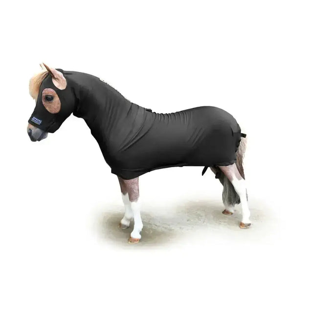 Black supreme mini body horse blanket with elasticated edges and adjustable straps for a snug fit