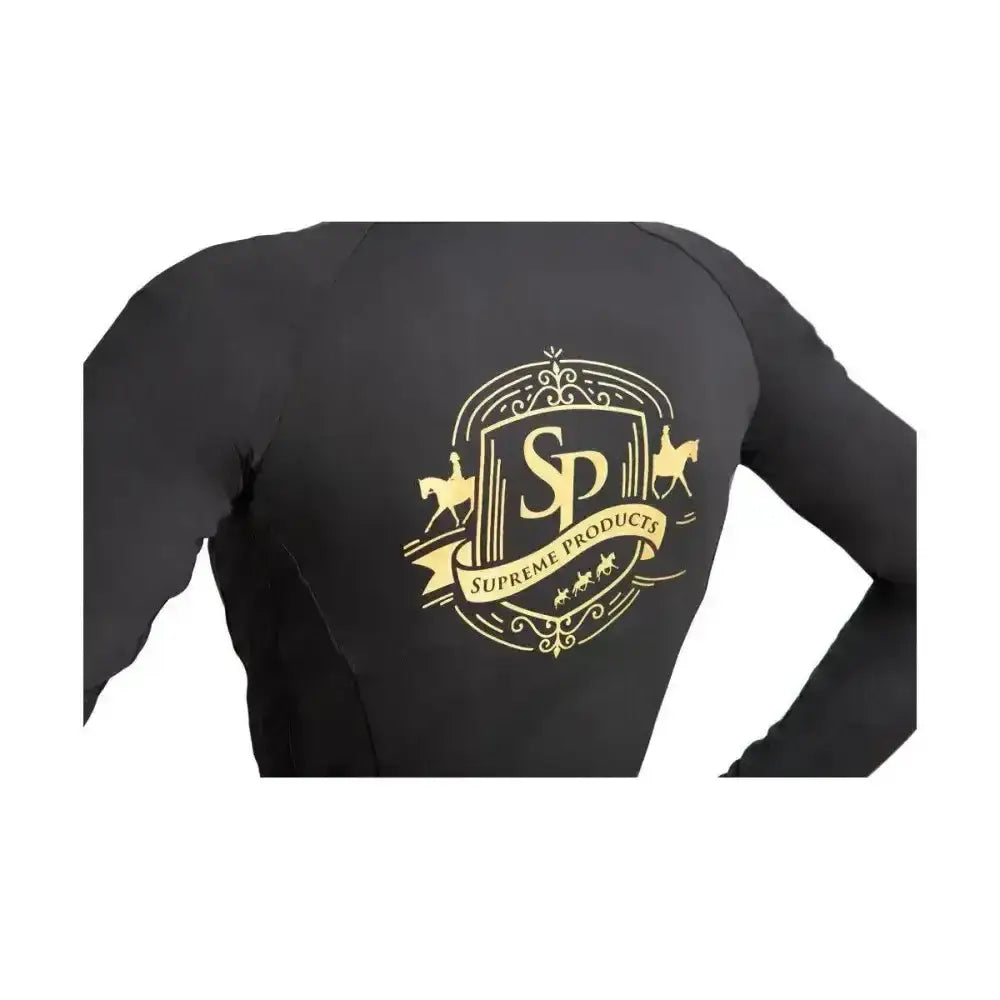 Black long-sleeved rider base layer with gold supreme products active logo and equestrian embroidery