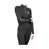 Black long-sleeved supreme products active rider base layer with gold zipper and embroidered logo on sleeve