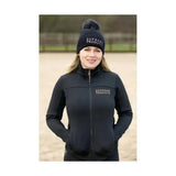 Black supreme products active rider jacket with white embroidery paired with matching lightweight beanie with pom-pom top