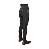 Black supreme products active rider leggings with gold embroidered waistband and thigh for a flattering fit
