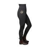 Black high waisted rider leggings with gold embroidered logo on thigh from supreme products active with flattering fit