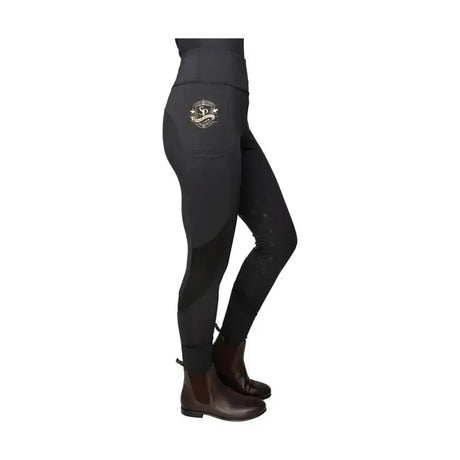 Black high waisted rider leggings with gold embroidered logo on thigh from supreme products active with flattering fit