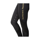 Black supreme products active rider leggings with gold lettering and perforated knee panels for a flattering fit