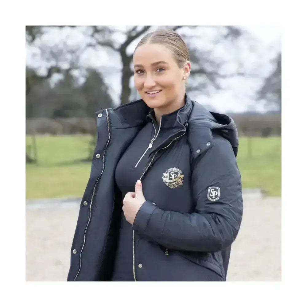 Dark navy rider waterproof coat with quilted hood silver zippers and supreme products active embroidered logos
