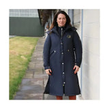 Navy blue insulated rider waterproof coat with hood front button closure and gold embroidery from supreme products active
