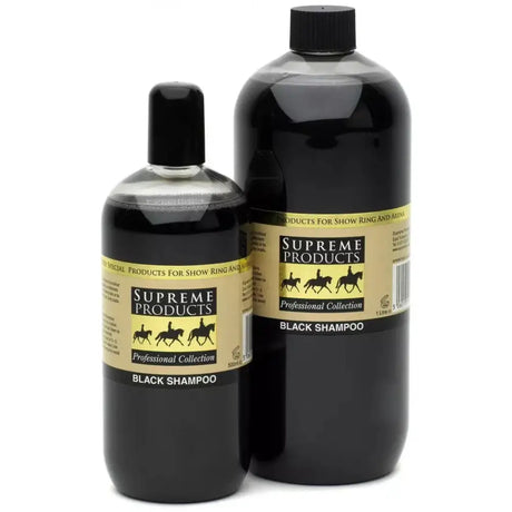 Two black plastic bottles of supreme products black shampoo deepens colour with gold labels and rider silhouettes