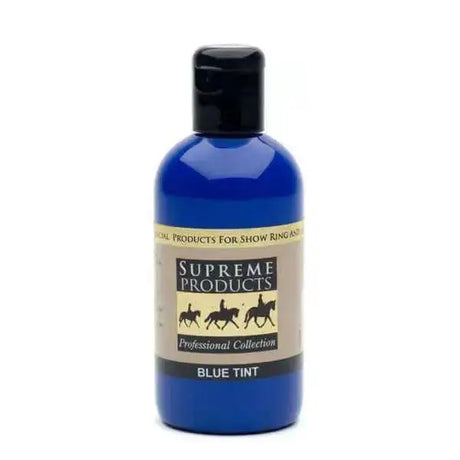 Blue tinted liquid in a translucent blue plastic bottle with black cap and beige label with horse silhouettes for horse washes