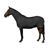 Black stretchy fabric horse blanket made from stretch lycra mix by supreme products body wrap for flexible coverage