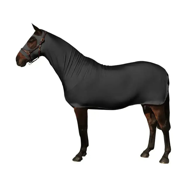 Black stretchy fabric horse blanket made from stretch lycra mix by supreme products body wrap for flexible coverage