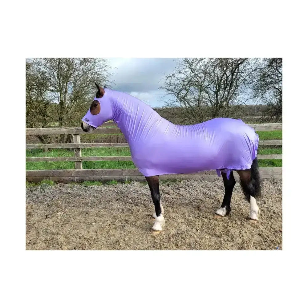 Purple stretchy horse blanket with eye and ear openings made from stretch lycra mix supreme products body wrap