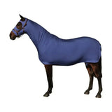 Navy blue stretchy horse blanket with snug fit and adjustable straps made from stretch lycra mix by supreme products body wrap