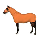 Orange stretchy horse blanket from supreme products body wrap with black eye holes and adjustable straps in stretch lycra mix