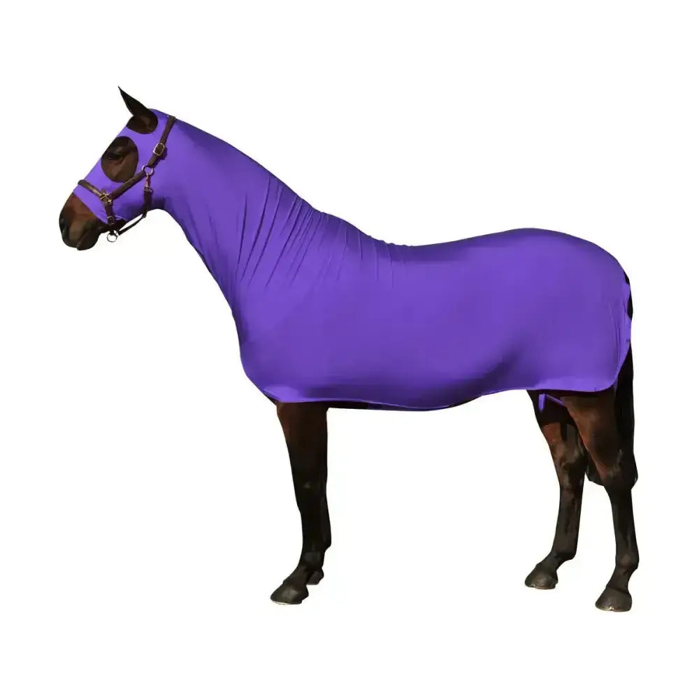 Purple stretchy horse blanket from supreme products body wrap with snug fit and adjustable straps in stretch lycra mix