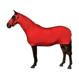 Red stretchy horse blanket with black eye holes and adjustable straps made from stretch lycra mix by supreme products body wrap