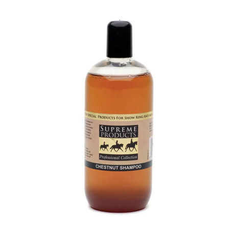 A clear plastic bottle with black cap holds amber supreme products chestnut shampoo for roan coats and concentrated care