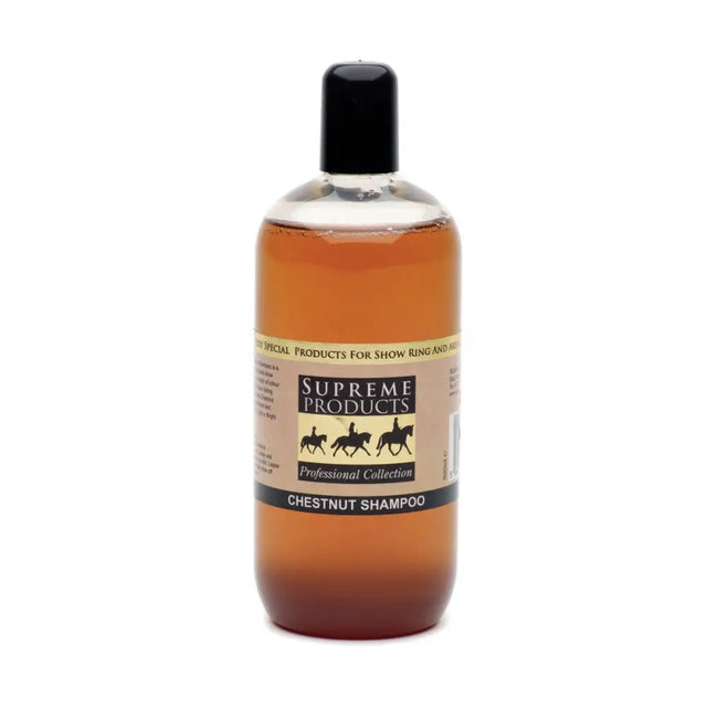 A clear plastic bottle with black cap holds amber supreme products chestnut shampoo for roan coats and concentrated care