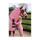 Pink polka-dot fleece horse blanket with black trim and adjustable straps for supreme products child’s dotty fleece onesie