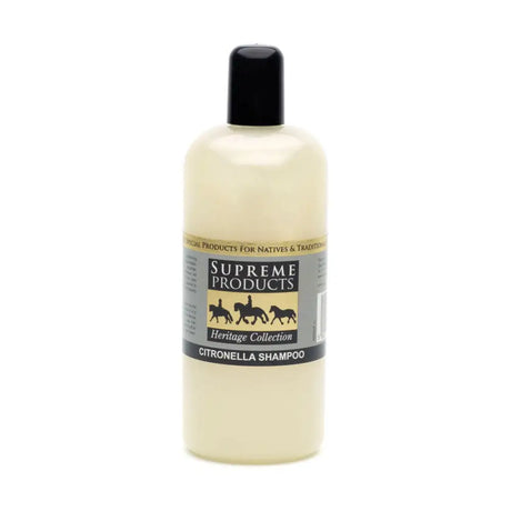 A translucent off-white bottle of supreme products citronella shampoo with a black cap and horse rider silhouettes on the label