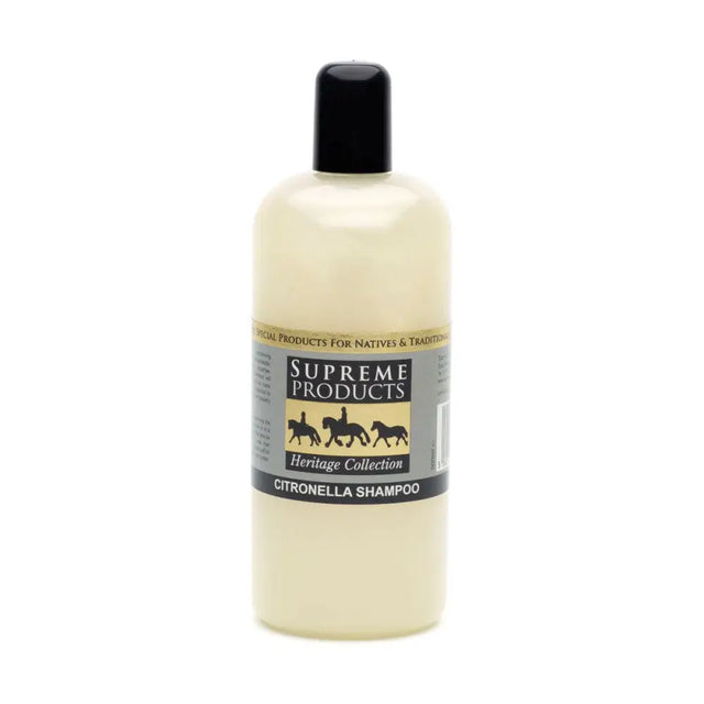 A translucent off-white bottle of supreme products citronella shampoo with a black cap and horse rider silhouettes on the label
