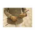 Tan leather riding gloves with gold tone stitching and small logo on back showing supreme products classic style