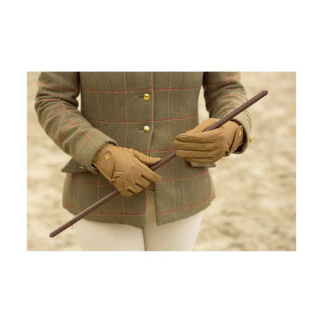 Tan classic leather riding gloves with gold-tone stitching and logo on back from supreme products classic collection