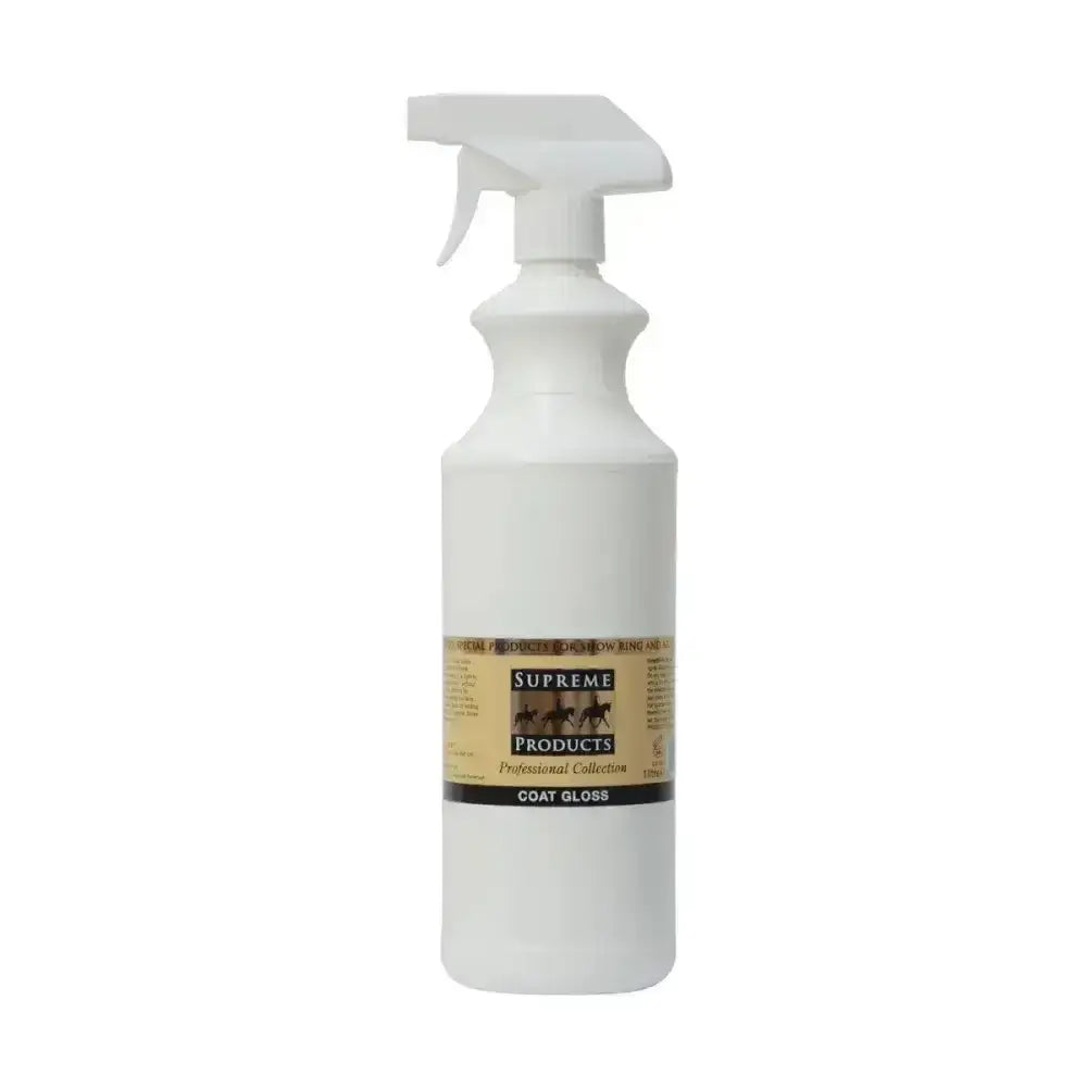 White plastic spray bottle of supreme products coat gloss with beige and black label for luxe coat gloss shine
