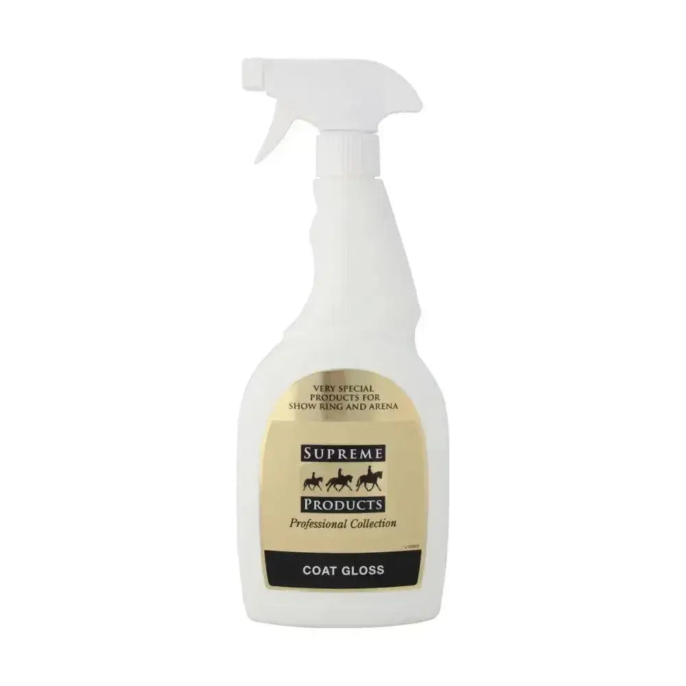 White plastic spray bottle of supreme products coat gloss with beige and black label for luxe horse coat gloss