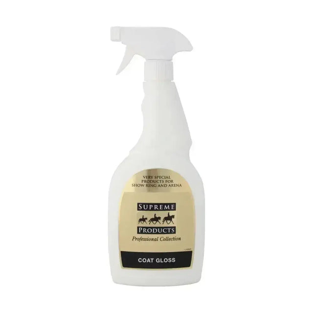 White plastic spray bottle of supreme products coat gloss with beige and black label for luxe horse coat gloss