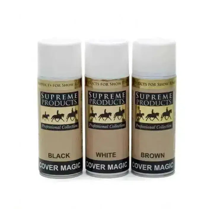 Three supreme products cover magic professional spray paint cans in black white and brown for stray coloured hairs and minute stains