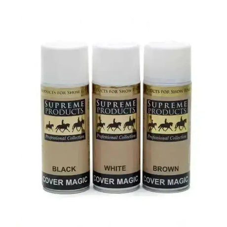 Three supreme products cover magic professional spray paint cans in black white and brown for stray coloured hairs and minute stains