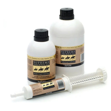 White plastic bottles and syringe with gold black labels featuring horse silhouettes for supreme products defuse calm nervous animals vitamin based supplement