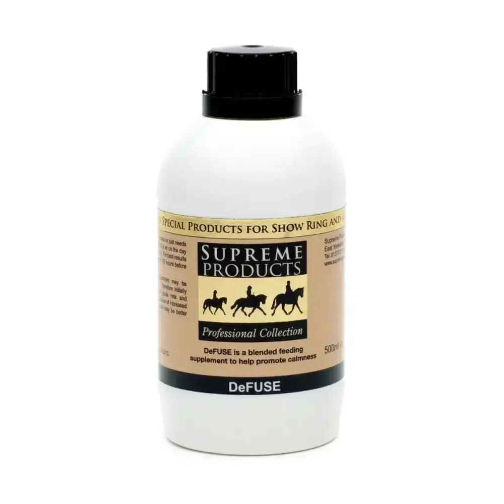White plastic bottle with black cap and tan label of supreme products defuse vitamin based supplement for calm nervous animals