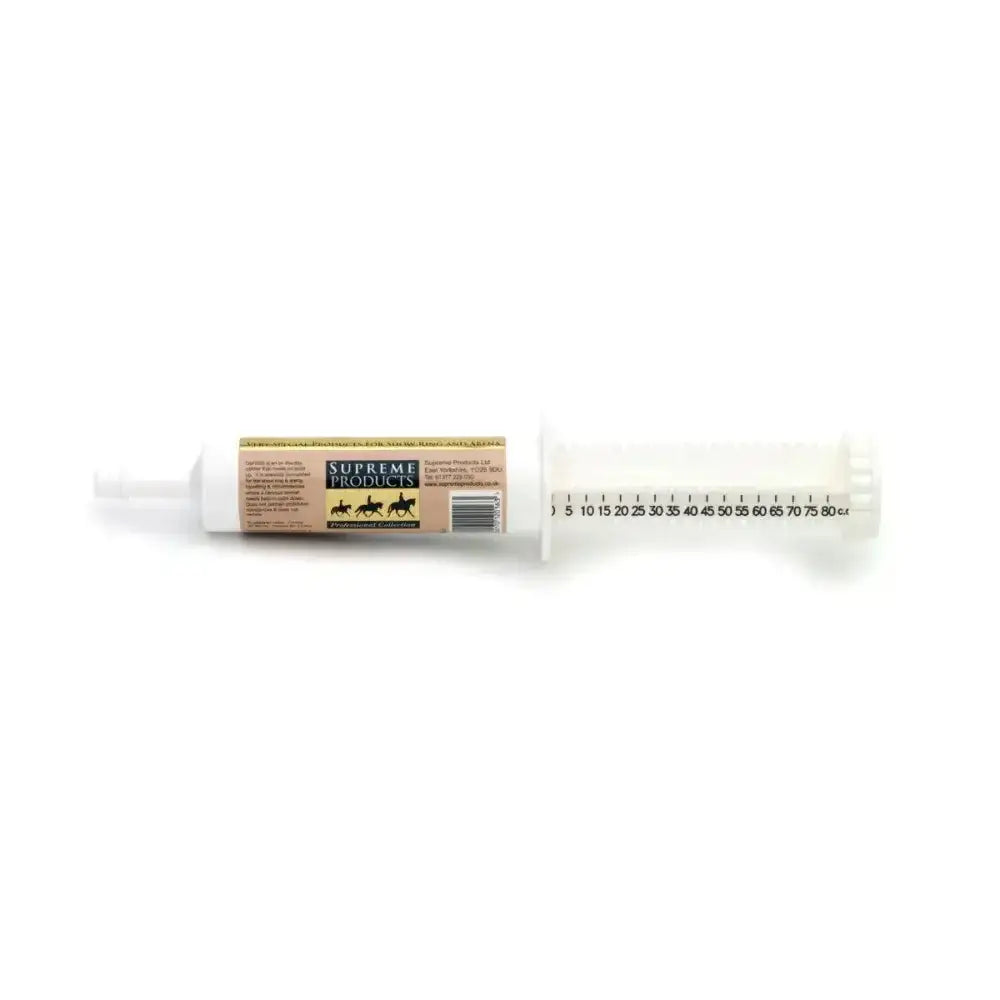 White plastic syringe with beige supreme products defuse label and measurement markings for calm nervous animals supplement