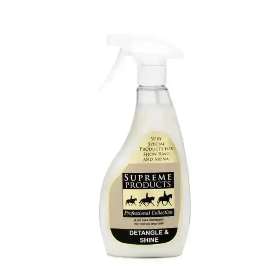 Clear plastic spray bottle with white trigger labeled supreme products detangle & shine for tails tangle-free use