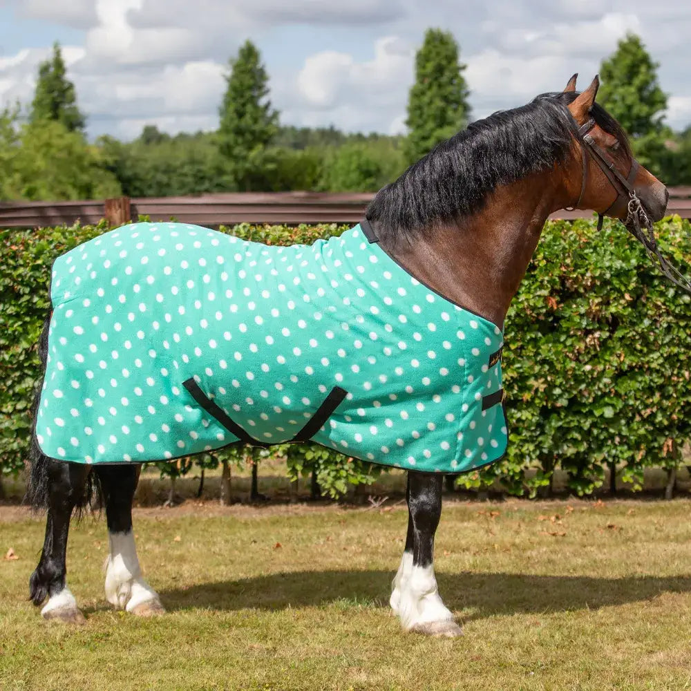 Teal supreme products dotty fleece rug with white polka dots and black straps soft versatile fleece horse blanket