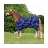 Blue polka-dot horse blanket with white dots black straps and soft fleece material from supreme products dotty fleece rug