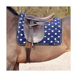 Blue polka-dot fleece saddle pad from supreme products dotty fleece saddle with branded logo for riding use