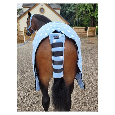 Light blue polka-dot fleece tail guard with black velcro straps from supreme products dotty fleece tail for secure fit