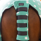 Teal polka-dot fleece tail guard with black velcro straps showing back side from supreme products dotty fleece tail guard