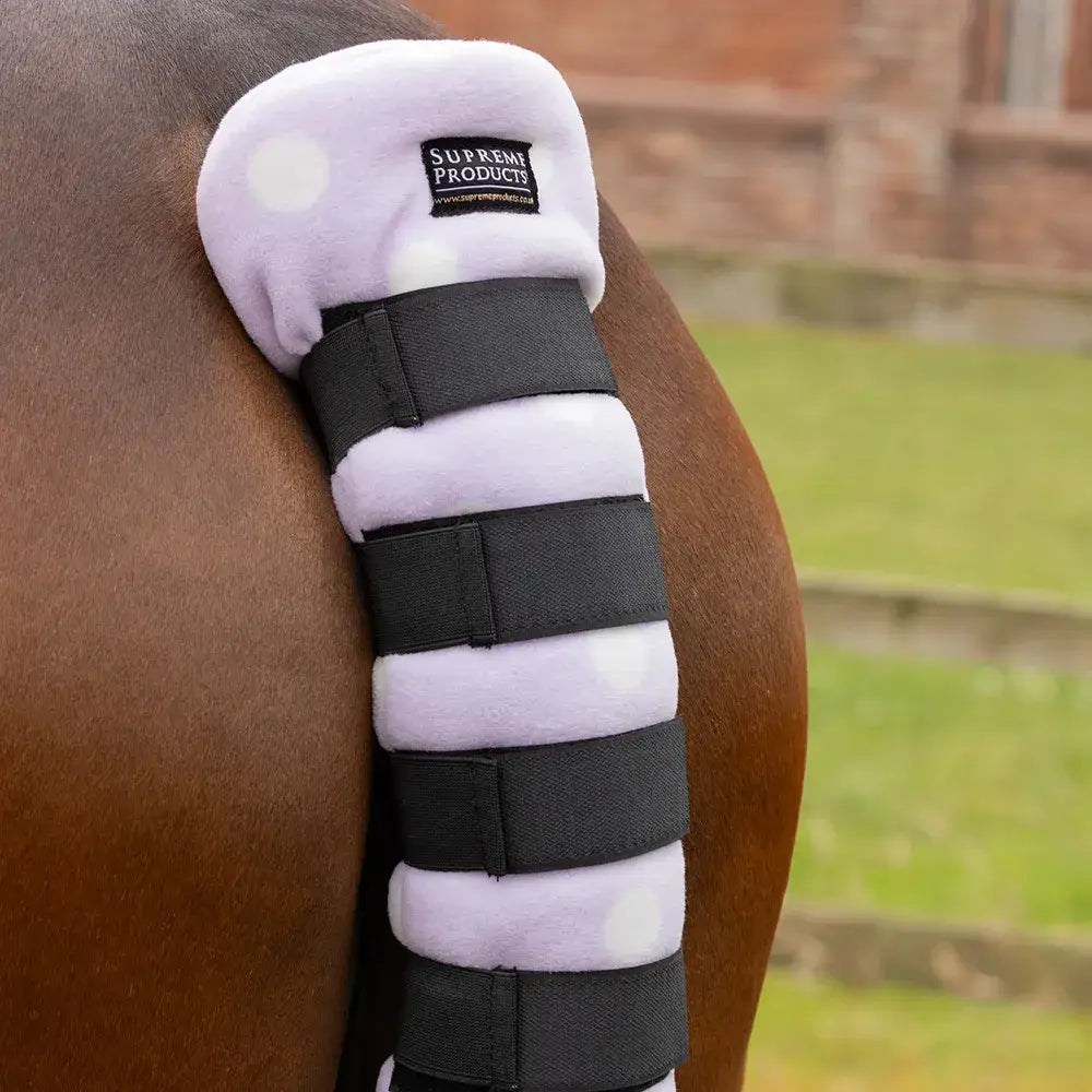 Lavender fleece tail guard with white polka dots and black straps by supreme products dotty fleece tail