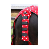 Red polka-dot supreme products dotty fleece tail guard with black velcro straps showing back side of product