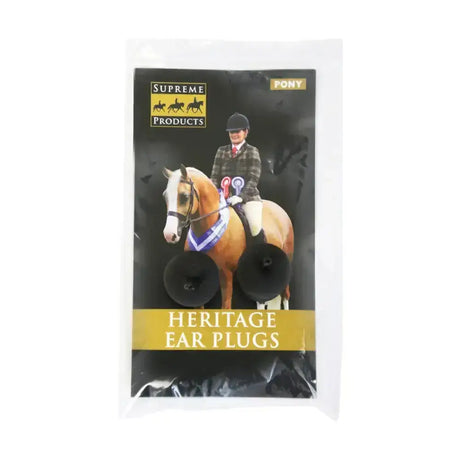 Black heritage supreme products ear plugs in clear plastic pack with horse and rider image to reduce unnatural sounds horses
