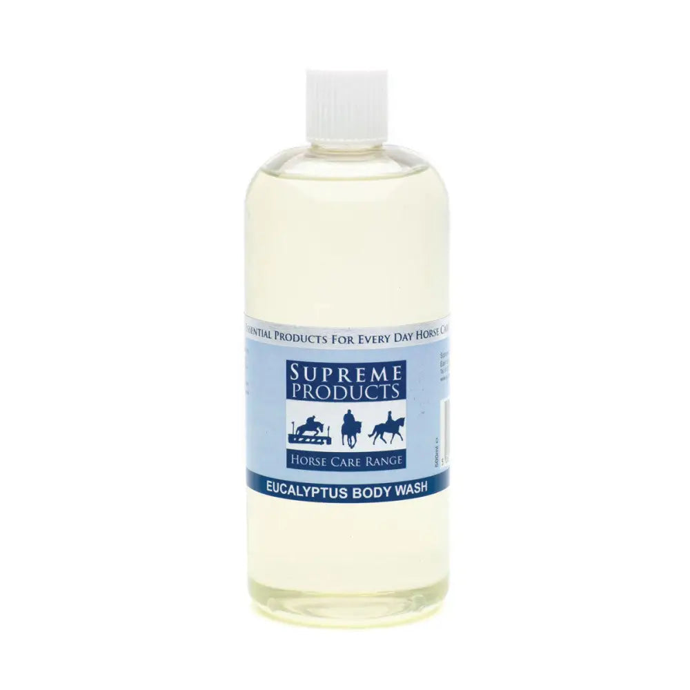 Clear plastic bottle with white cap of supreme products eucalyptus body wash pale yellow refreshing body wash