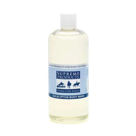 Clear plastic bottle with white cap of supreme products eucalyptus body wash pale yellow refreshing body wash