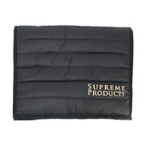 Black quilted rectangular supreme products exercise pad with gold embroidered logo perfect practical exercise pad