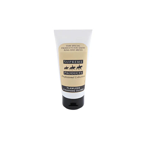 White tube with black cap and beige label of supreme products flawless finishing gloss for horse’s best bits care