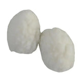 Two off-white plush supreme products fleece earplugs with a fluffy texture designed for horse size comfort