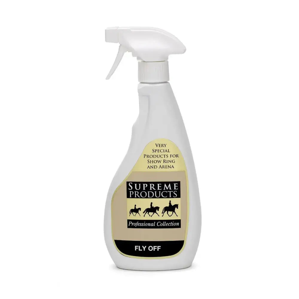 White plastic supreme products fly off dual action fly repellent bottle with beige black label and horse rider silhouettes