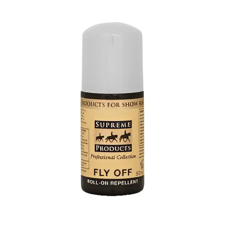 A compact tan supreme products fly roll-on fly repellent with white cap and horse silhouettes for dual action use